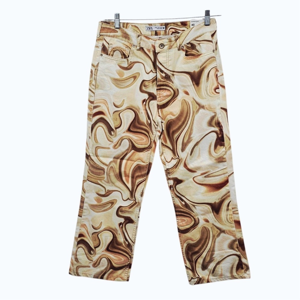 NWT ZARA Marble Swirl Print Button Fly Straight Leg Jeans Retro Size 8